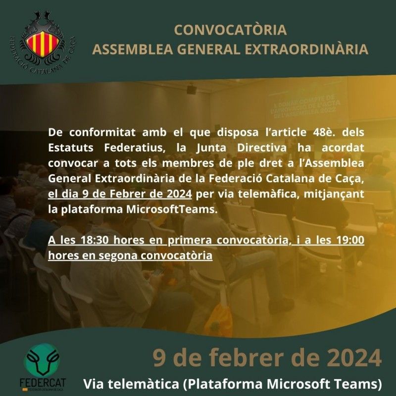 Convocatoria Asamblea General Extraordinaria de la Federación Catalana de Caza